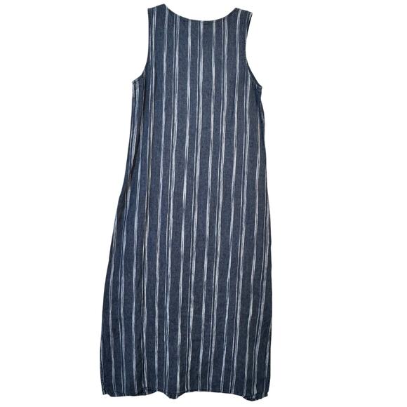 Garnet Hill Linen Blue Stripe Sleeveless Pocket Maxi Dress Size 12 Side Slits - Picture 1 of 7